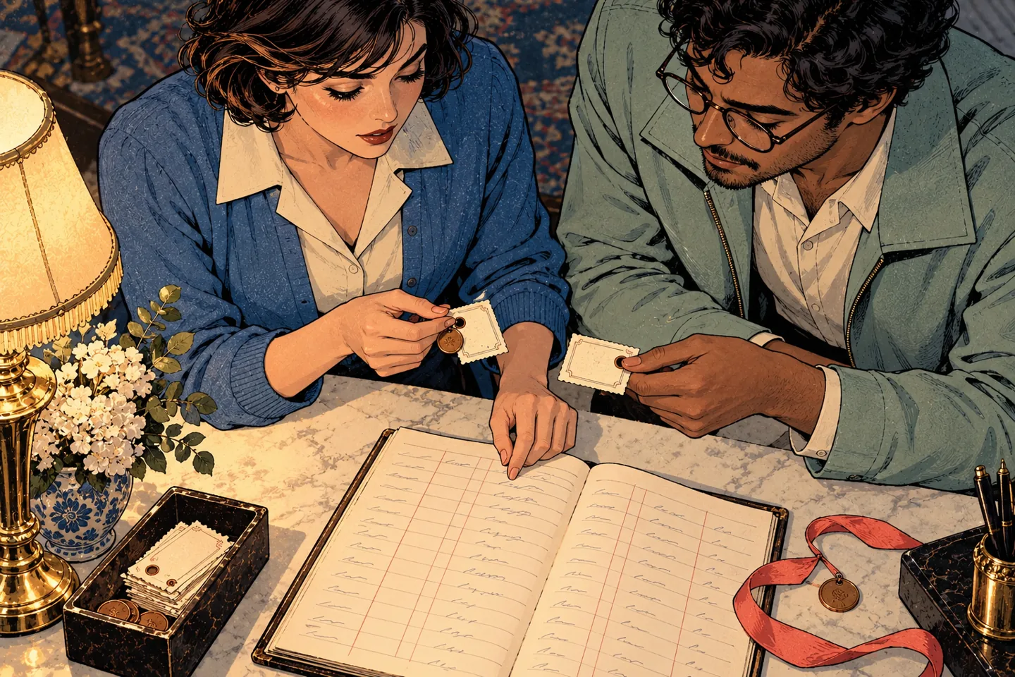 Fictional Mara and Dev compare cloakroom tickets and the hotel ledger