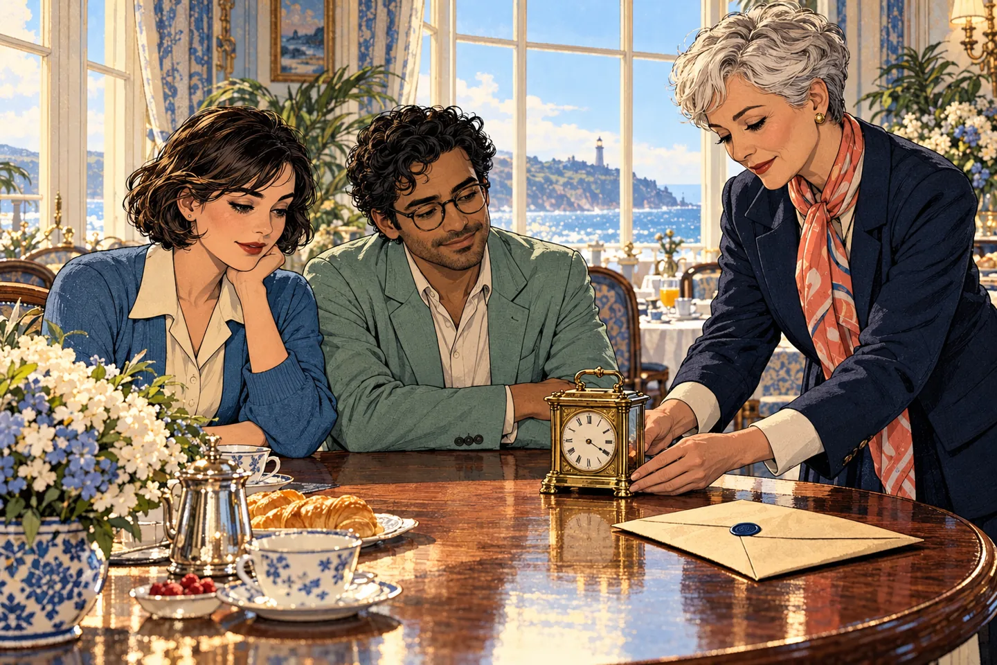 Fictional Inez returns the clock to a table with Mara and Dev in the breakfast room