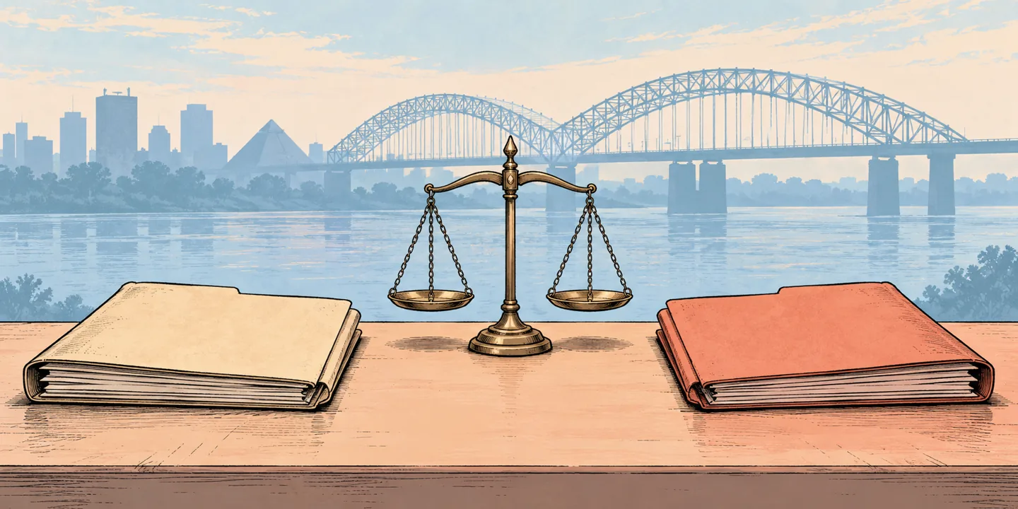 Two separate conceptual case folders and a scale; no implication of shared offenders