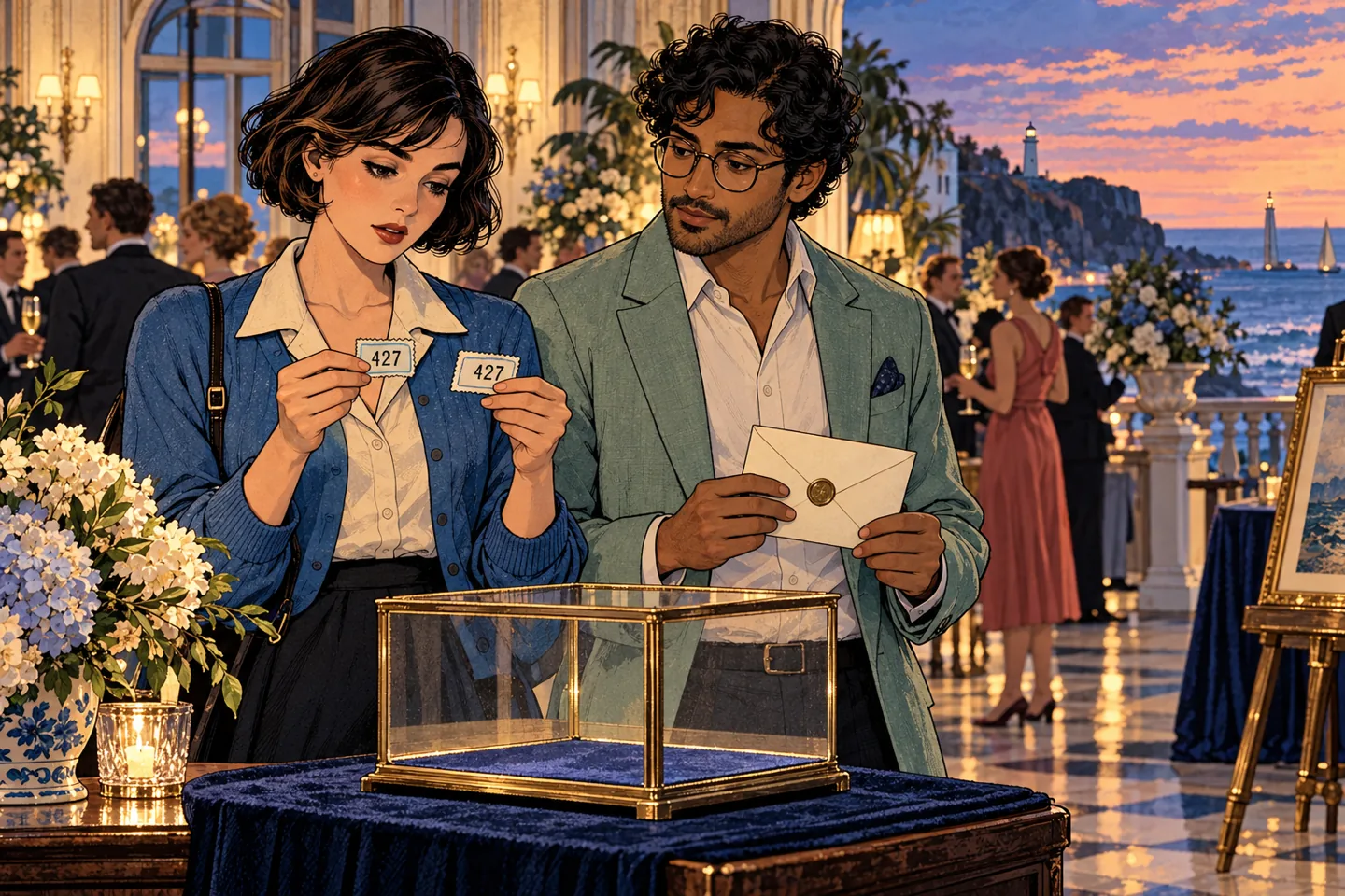 Fictional Mara and Dev compare duplicate tickets beside an empty display case